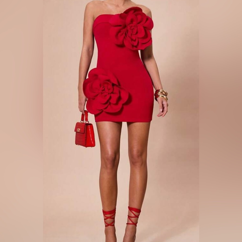 Red Asymmetrical Ruffled Strapless Dress